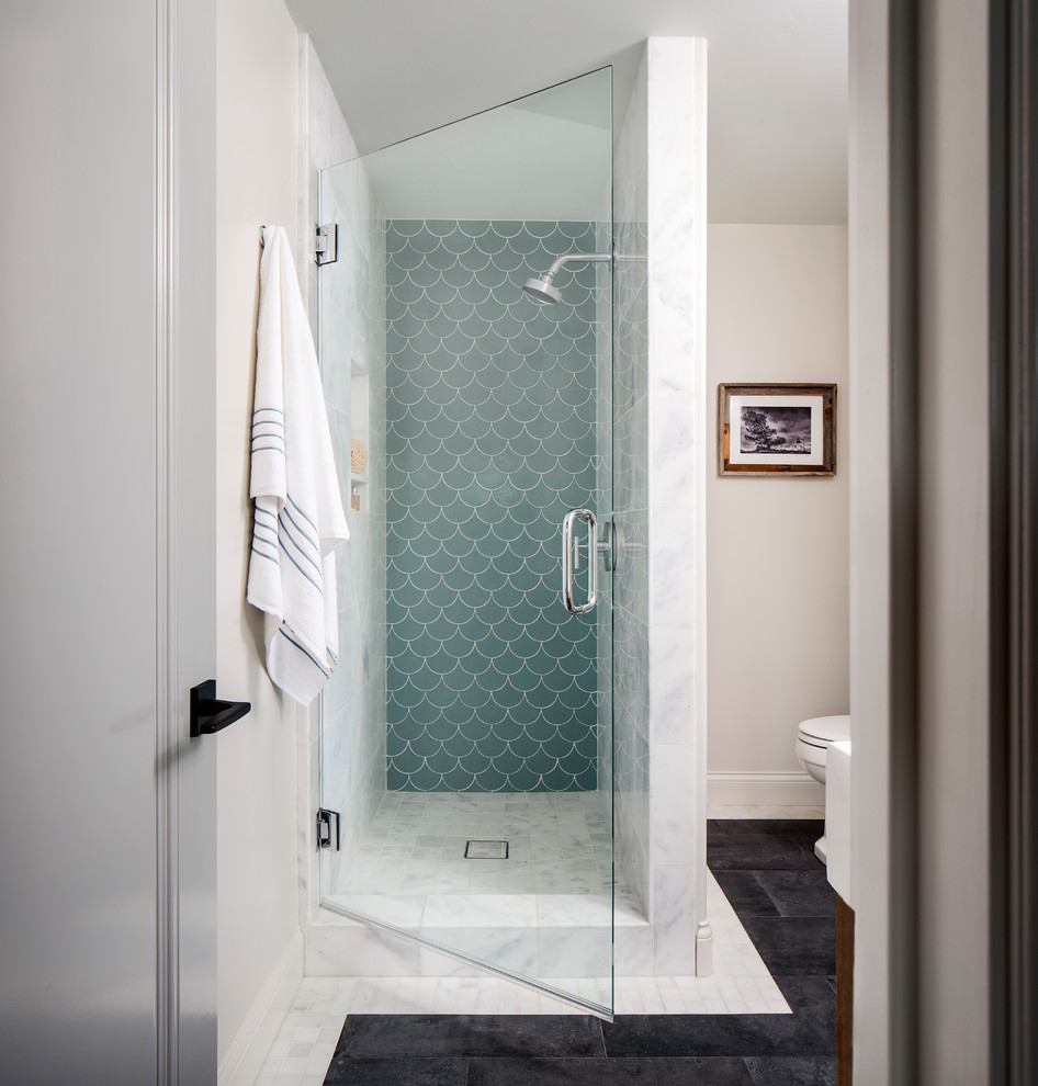 Design ideas for a medium sized classic shower room bathroom in San Francisco with a two-piece toilet, blue tiles, ceramic tiles, white walls, porcelain flooring, grey floors and a hinged door.