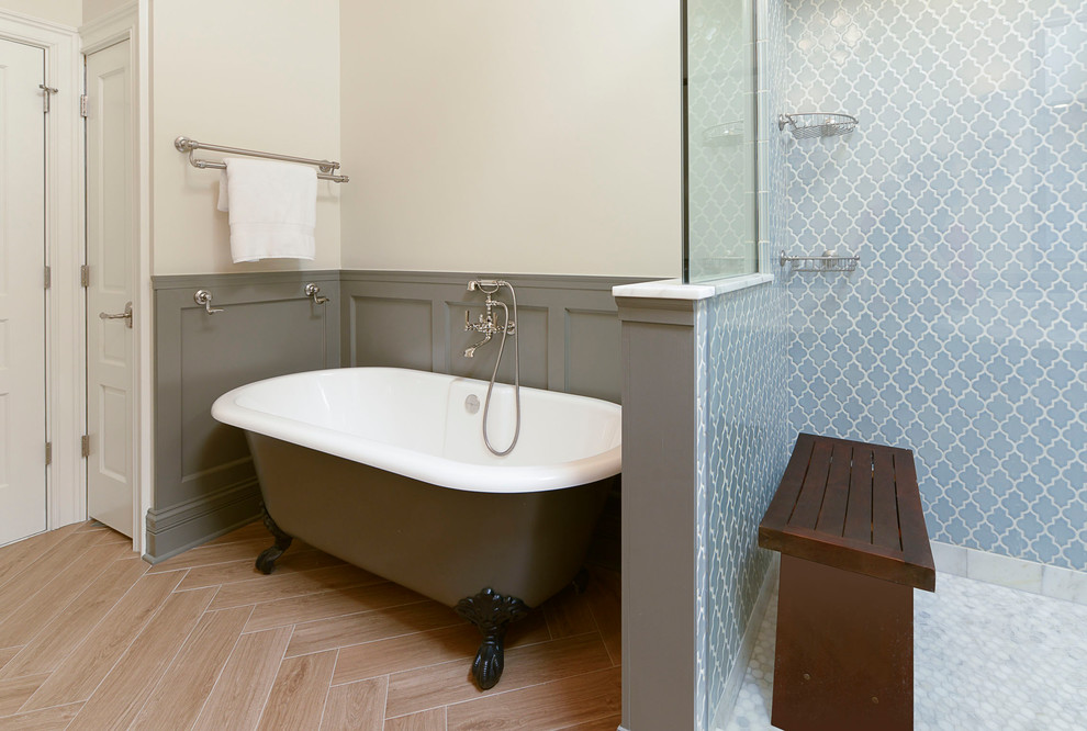 Inspiration for a large transitional master multicolored tile ceramic tile bathroom remodel in Chicago with beige walls, flat-panel cabinets, black cabinets, an undermount sink and marble countertops