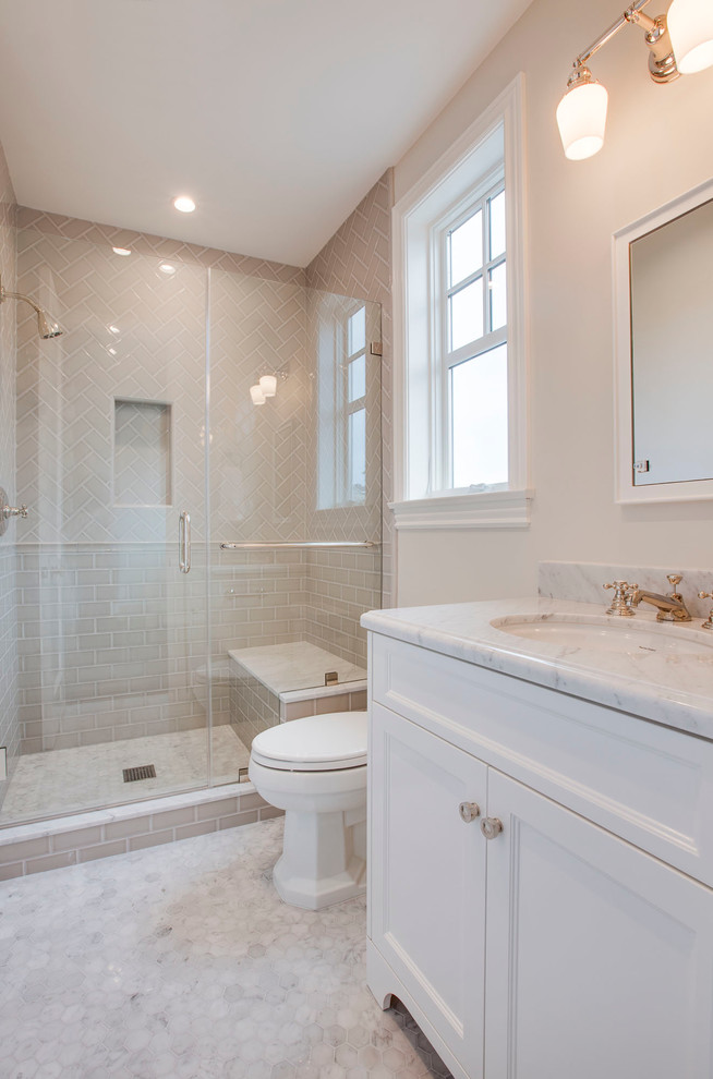 Inspiration for a classic bathroom in San Diego with recessed-panel cabinets, white cabinets, an alcove shower, grey tiles, ceramic tiles, marble flooring, a submerged sink, marble worktops and a hinged door.