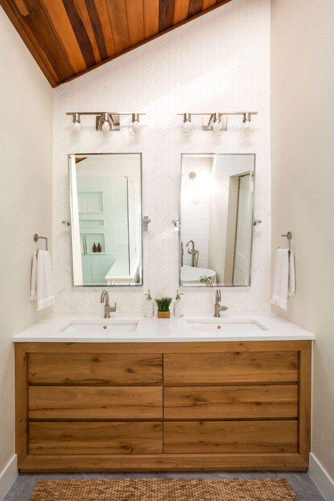 Bathroom - mid-sized 1960s master white tile and ceramic tile porcelain tile, gray floor, double-sink and wood ceiling bathroom idea in Denver with flat-panel cabinets, light wood cabinets, white walls, an undermount sink, quartz countertops, a hinged shower door, white countertops and a built-in vanity