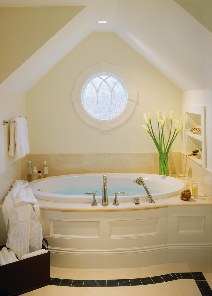 This is an example of a modern bathroom in Boston with an alcove bath.