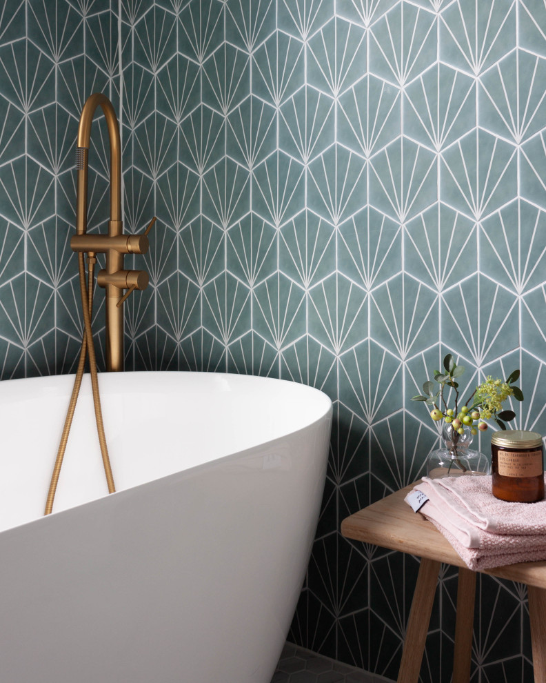 Slimline freestanding bath and gold taps - Contemporary - Bathroom ...