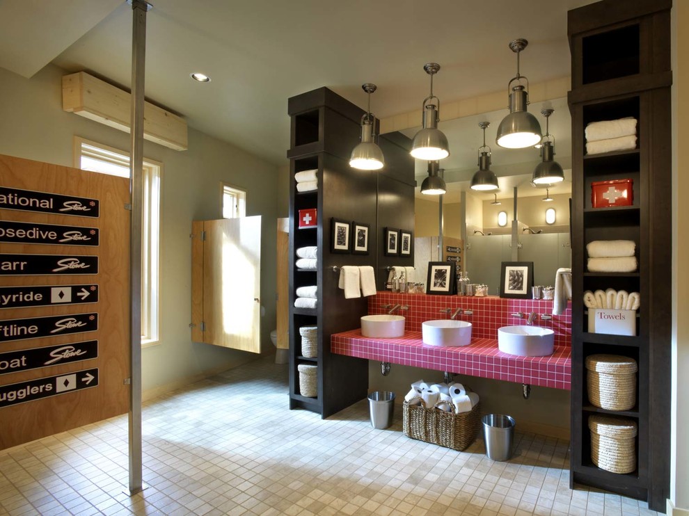 Inspiration for a contemporary pink tile bathroom remodel in Burlington with a vessel sink, tile countertops and red countertops