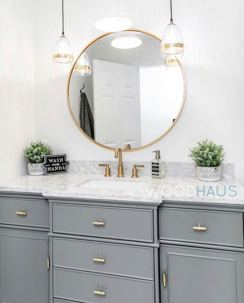 Small minimalist master white tile and cement tile porcelain tile, gray floor and single-sink bathroom photo in Miami with shaker cabinets, gray cabinets, a two-piece toilet, white walls, an undermount sink, marble countertops, white countertops and a freestanding vanity