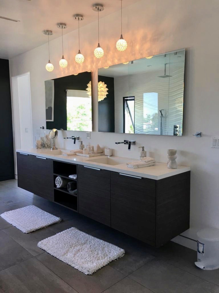 Inspiration for a large modern ensuite bathroom in San Francisco with black cabinets, quartz worktops, white worktops, double sinks and a floating vanity unit.