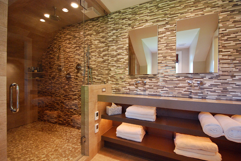 Sauna - small contemporary multicolored tile and mosaic tile pebble tile floor sauna idea in Kansas City with open cabinets, a two-piece toilet and beige walls