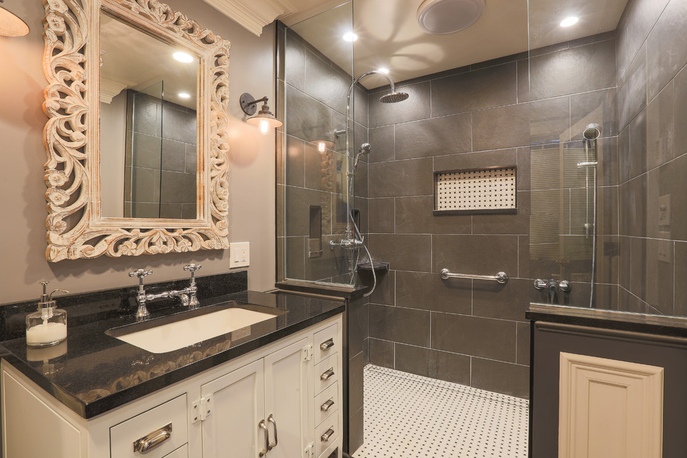 Medium sized traditional ensuite bathroom in Baltimore with freestanding cabinets, white cabinets, an alcove shower, a two-piece toilet, grey walls, porcelain flooring, a submerged sink, granite worktops, black floors and an open shower.