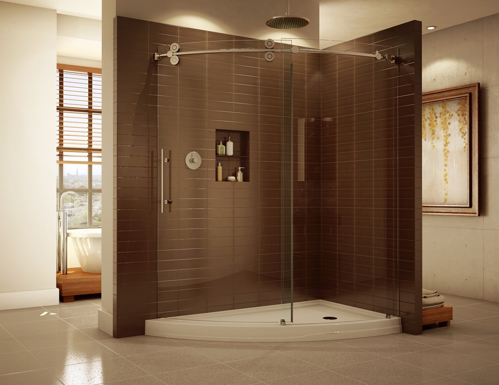 High end curved sliding shower door system with matching acrylic base