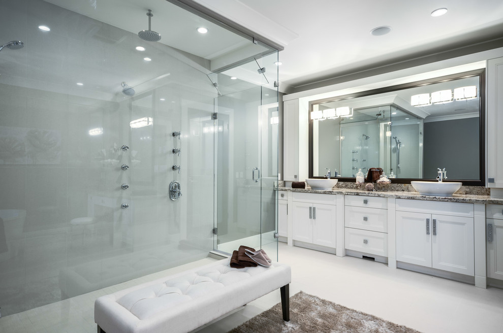 Inspiration for a classic bathroom in Vancouver with a vessel sink and feature lighting.