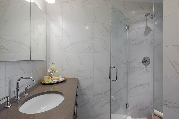 Mid-sized trendy white tile bathroom photo in New York