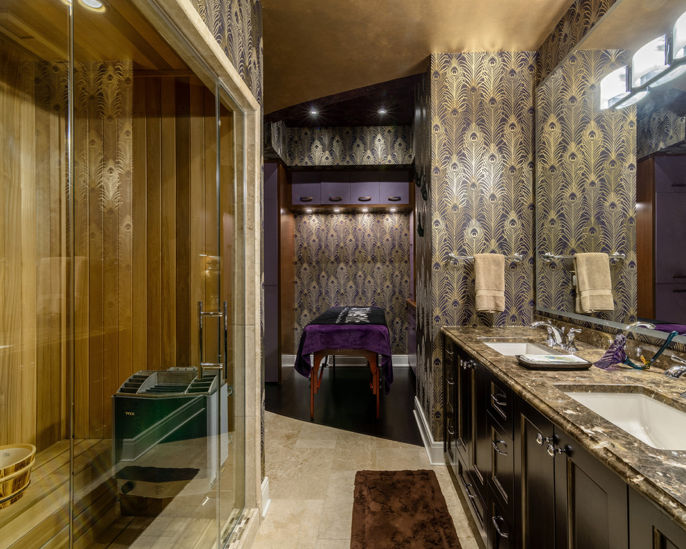 Imagen de sauna contemporánea grande con armarios con paneles empotrados, puertas de armario marrones, paredes multicolor, lavabo bajoencimera y ducha con puerta con bisagras