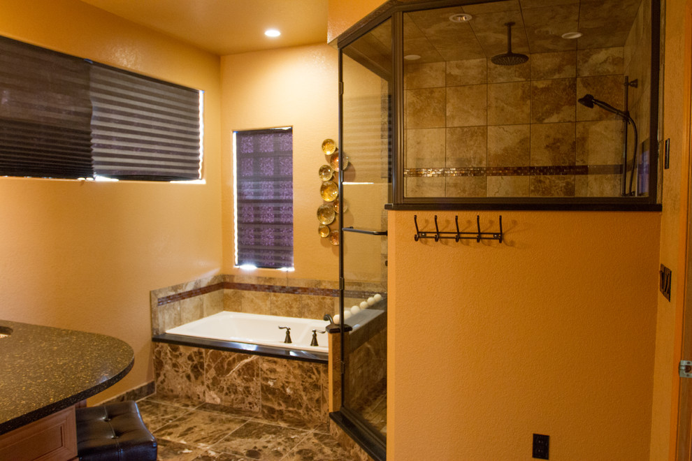 На фото: главная ванная комната среднего размера в стиле неоклассика (современная классика) с фасадами с утопленной филенкой, светлыми деревянными фасадами, накладной ванной, угловым душем, коричневой плиткой, керамической плиткой, коричневыми стенами, полом из керамогранита, столешницей терраццо, коричневым полом, душем с распашными дверями и врезной раковиной