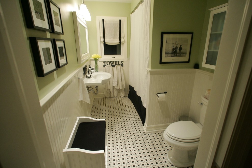 Example of a small classic master white tile and ceramic tile mosaic tile floor bathroom design in Ottawa with a wall-mount sink, a two-piece toilet and green walls