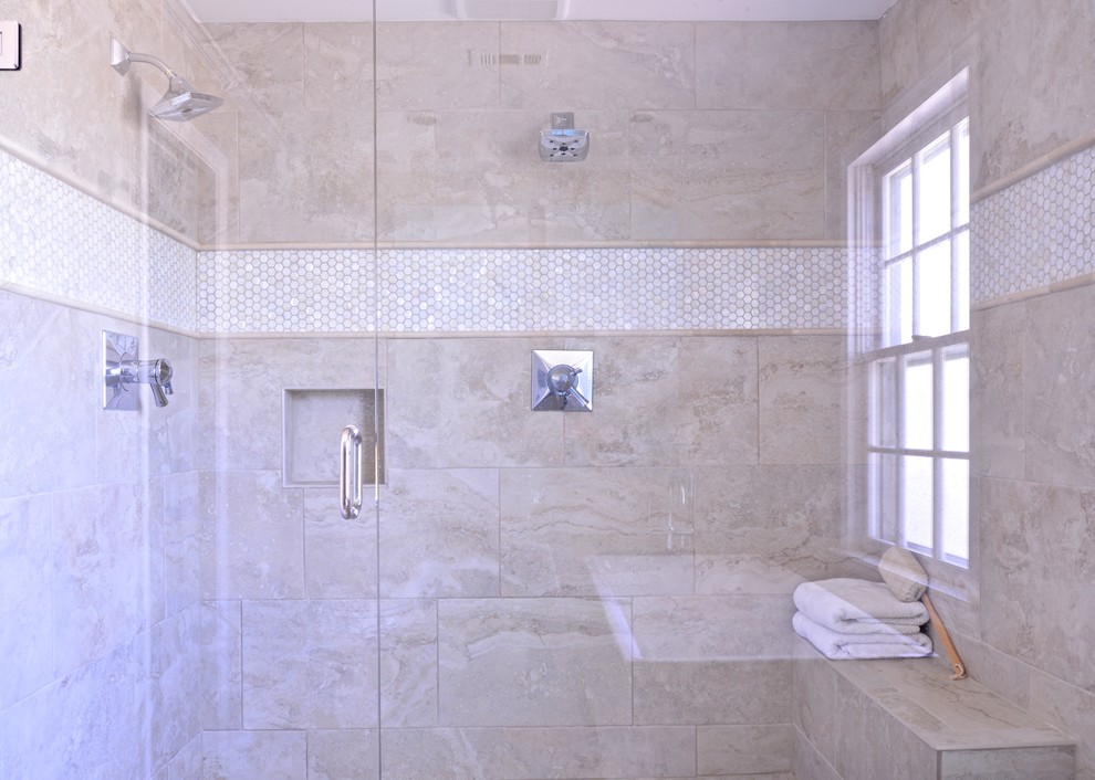 Medium sized traditional ensuite bathroom in Dallas with a built-in sink, shaker cabinets, white cabinets, marble worktops, a freestanding bath, a walk-in shower, a one-piece toilet, beige tiles, stone tiles, beige walls and ceramic flooring.