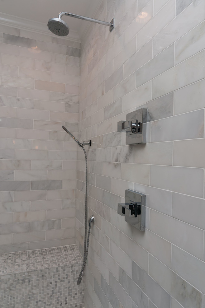 Bathroom - large traditional master gray tile and glass tile porcelain tile bathroom idea in Other with raised-panel cabinets, white cabinets, gray walls, an undermount sink and marble countertops
