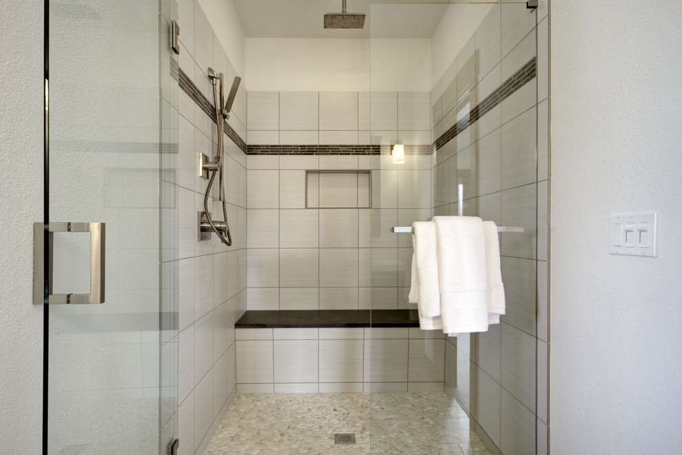 This is an example of a modern ensuite bathroom in Denver with an alcove shower and a hinged door.