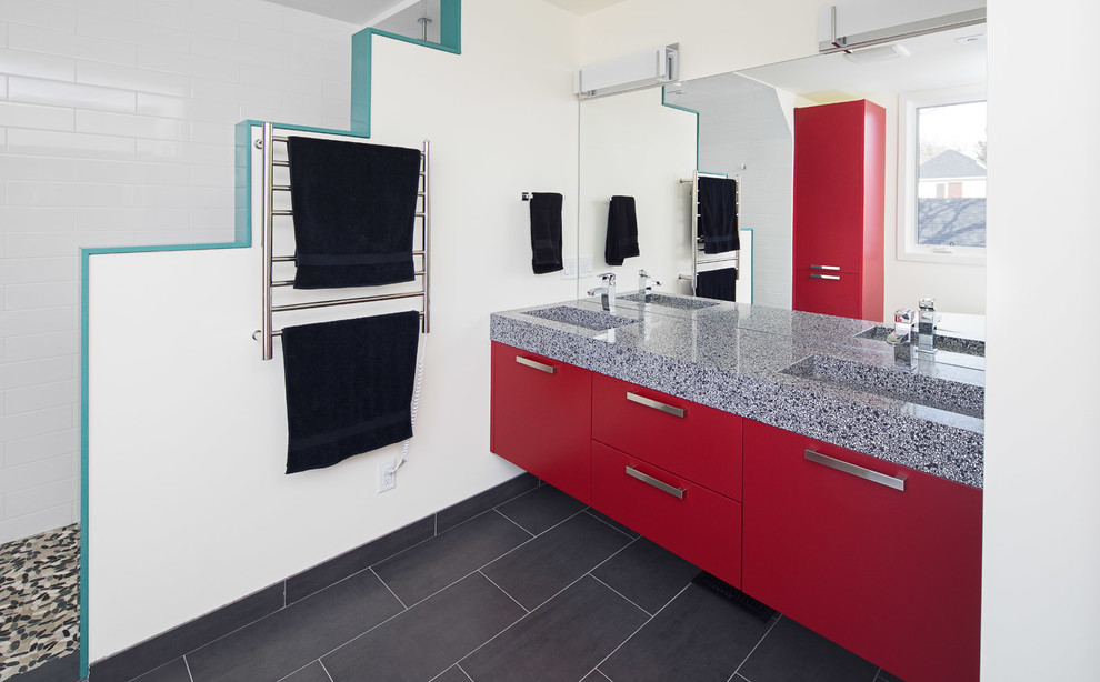 Inspiration for a mid-sized modern master gray tile bathroom remodel in Calgary with an undermount sink, flat-panel cabinets, red cabinets, quartz countertops and white walls