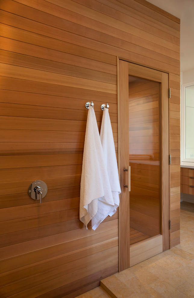 Idee per una sauna contemporanea con piastrelle beige, piastrelle in ceramica e pavimento con piastrelle in ceramica