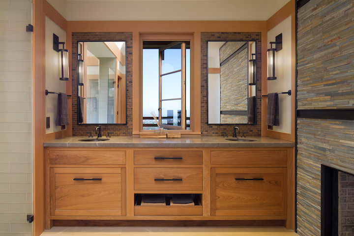 Example of an arts and crafts brown tile bathroom design in San Francisco