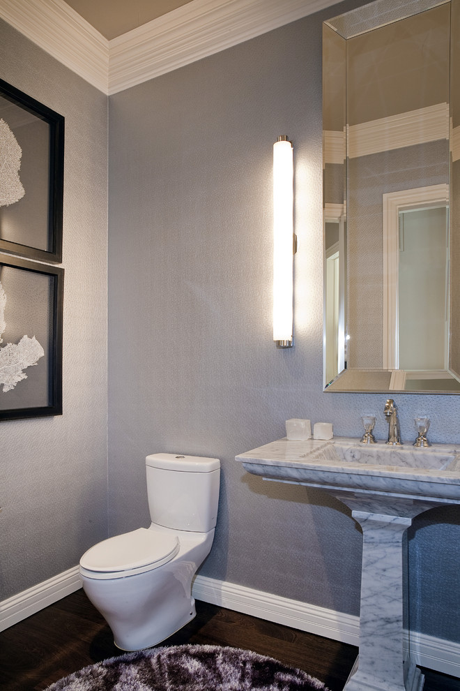 Идея дизайна: ванная комната среднего размера в современном стиле с раковиной с пьедесталом, раздельным унитазом, серыми стенами и темным паркетным полом
