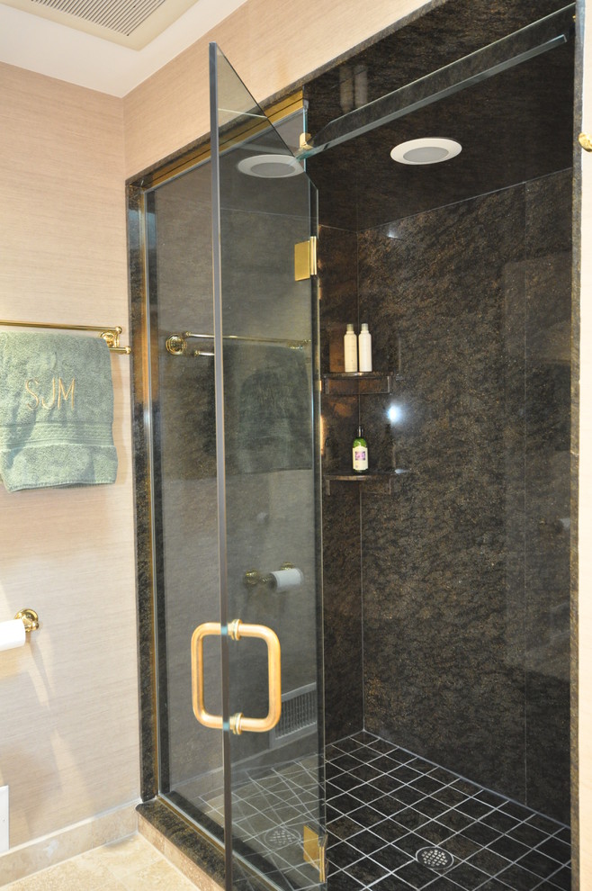 Alcove shower - large traditional 3/4 black tile and ceramic tile ceramic tile alcove shower idea in Philadelphia with an undermount sink, flat-panel cabinets, light wood cabinets, marble countertops, a one-piece toilet and beige walls