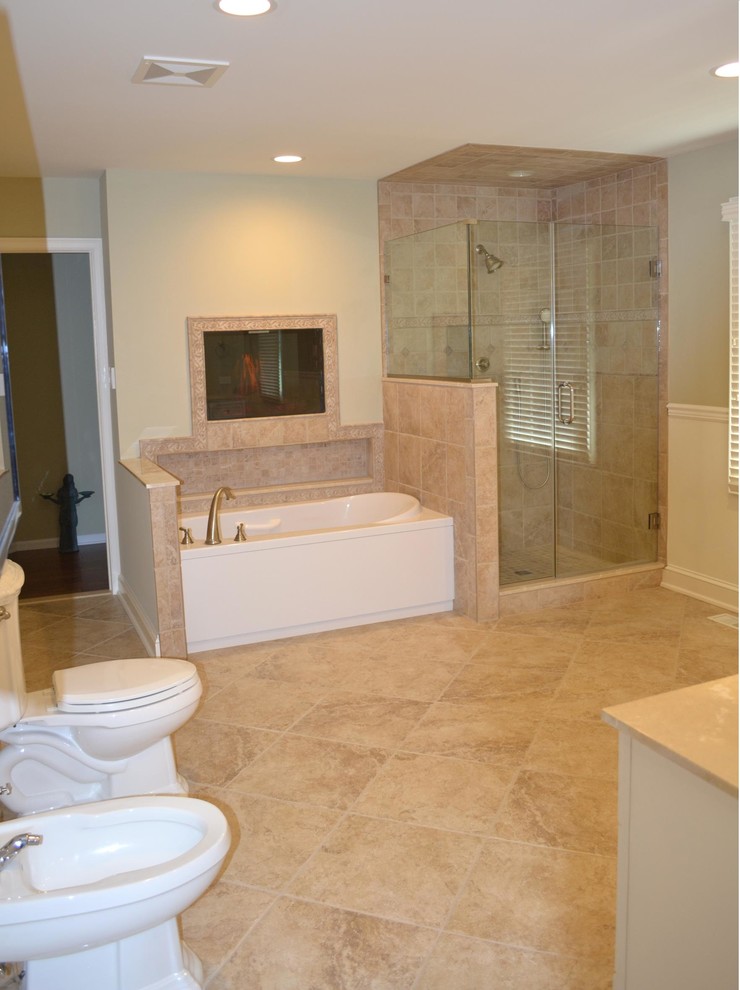 Design ideas for a large classic ensuite bathroom in Philadelphia with a submerged sink, light wood cabinets, a hot tub, beige tiles, ceramic tiles, green walls, ceramic flooring, marble worktops, a corner shower and a two-piece toilet.
