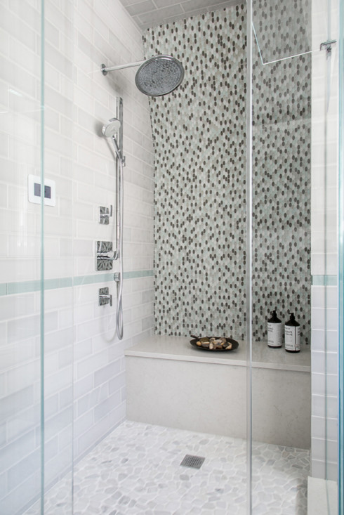 Mid-sized minimalist master gray tile and glass tile porcelain tile and brown floor alcove shower photo in New York with flat-panel cabinets, brown cabinets, a one-piece toilet, beige walls, a drop-in sink, quartz countertops and a hinged shower door