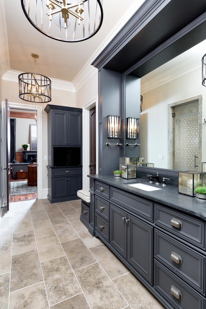 Inspiration for a large timeless master white tile and ceramic tile ceramic tile and beige floor bathroom remodel in Nashville with beaded inset cabinets, gray cabinets, a two-piece toilet, gray walls, an undermount sink, marble countertops and a hinged shower door