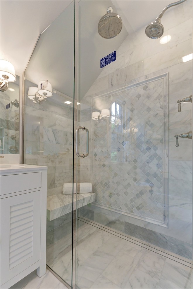 Inspiration for a medium sized classic ensuite bathroom in St Louis with louvered cabinets, white cabinets, a built-in shower, a one-piece toilet, multi-coloured tiles, metro tiles, yellow walls, marble flooring, a vessel sink, engineered stone worktops, white floors and a hinged door.