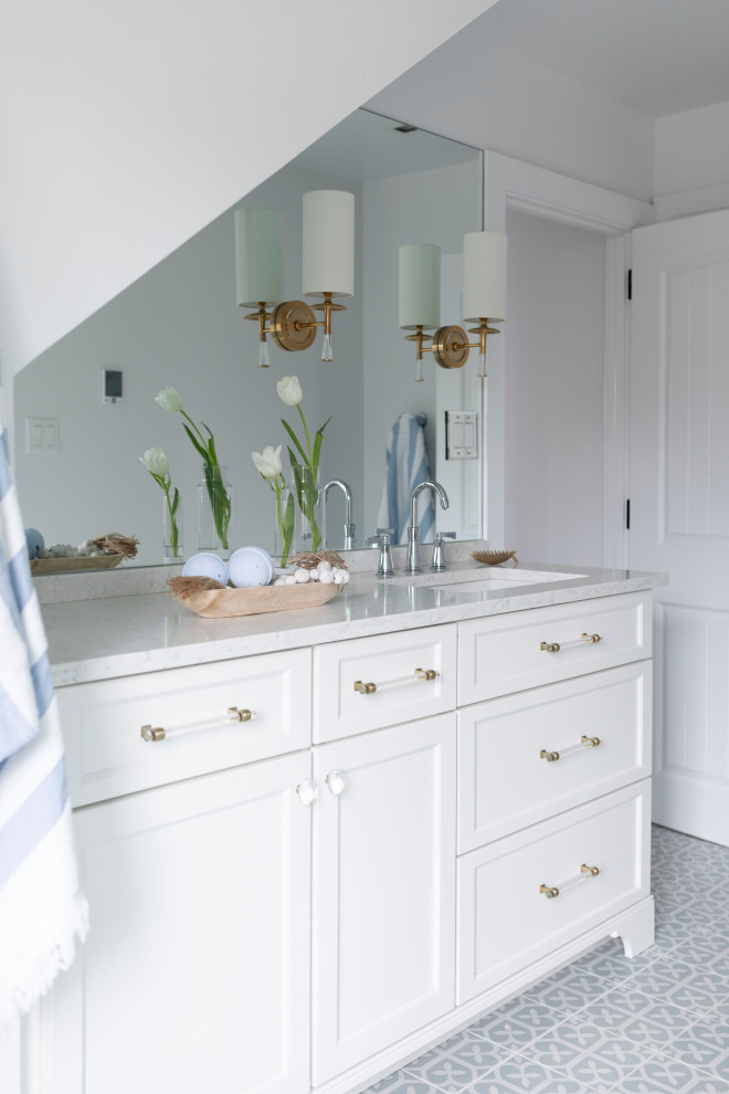 Inspiration for a medium sized farmhouse shower room bathroom in Philadelphia with shaker cabinets, white cabinets, white walls, mosaic tile flooring, a submerged sink, multi-coloured floors, grey worktops, a single sink and a built in vanity unit.