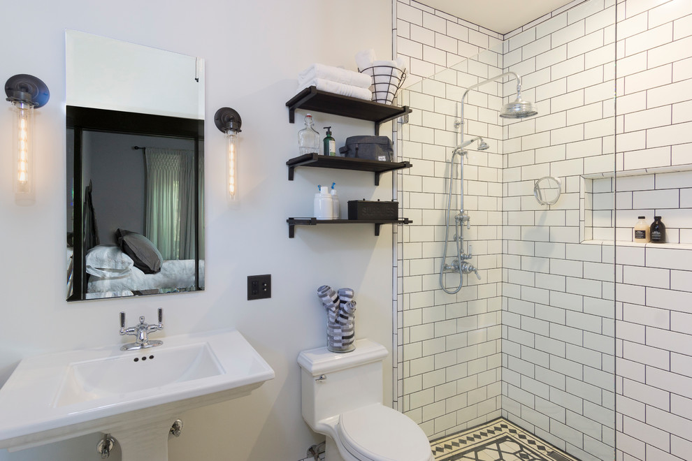 Design ideas for an expansive traditional shower room bathroom in Los Angeles with a built-in shower, a one-piece toilet, white tiles, metro tiles, white walls, concrete flooring, a pedestal sink, white floors and an open shower.