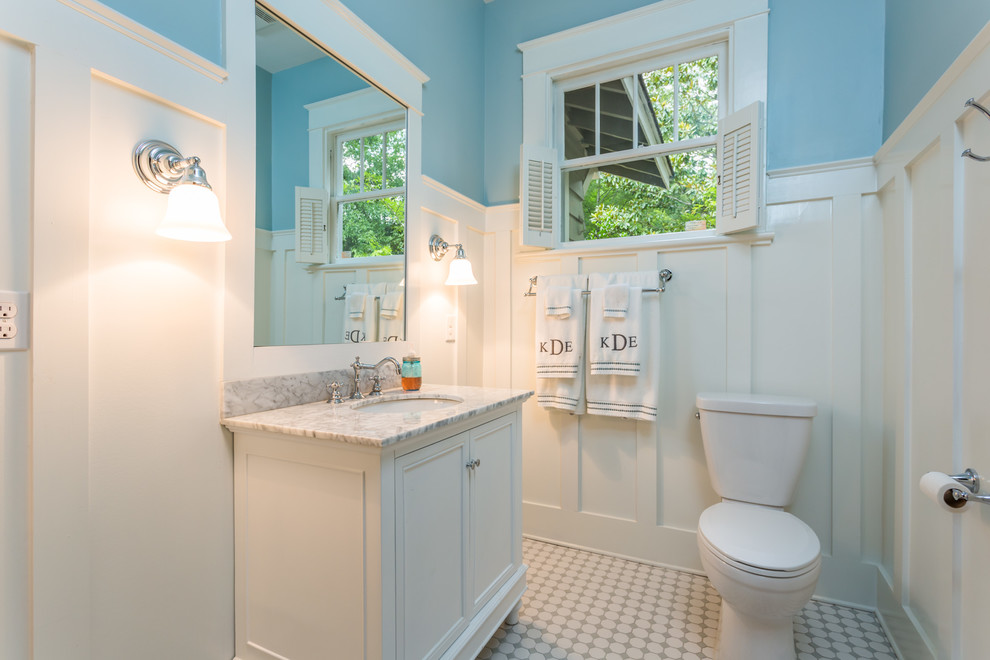 Idéer för ett amerikanskt badrum med dusch, med ett undermonterad handfat, skåp i shakerstil, vita skåp, granitbänkskiva, en dusch i en alkov, en toalettstol med separat cisternkåpa, vit kakel, mosaik, blå väggar och mosaikgolv
