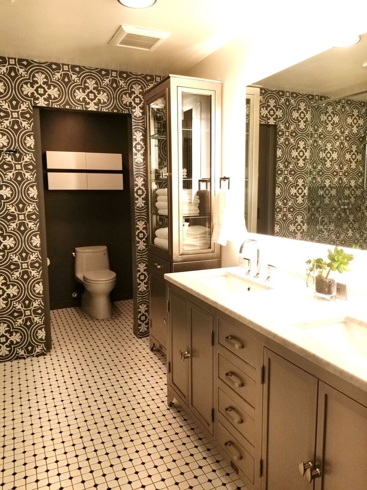 Photo of a medium sized eclectic bathroom in Denver with a freestanding bath, a corner shower, a one-piece toilet, ceramic flooring, a built-in sink and a hinged door.