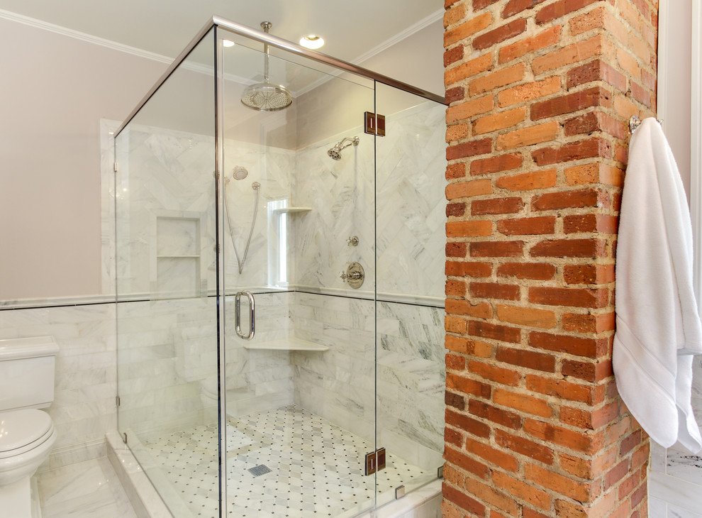 Design ideas for a large classic ensuite bathroom in Raleigh with a submerged sink, shaker cabinets, dark wood cabinets, marble worktops, a corner shower, a two-piece toilet, white tiles, mosaic tiles, beige walls and marble flooring.