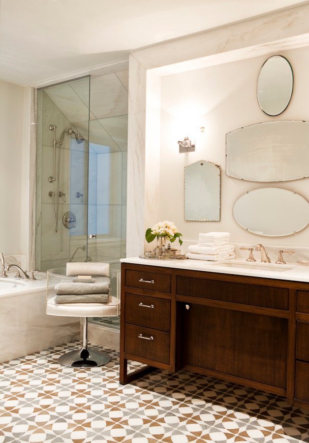 Inspiration for a contemporary bathroom in Toronto with a corner bath, a submerged sink, an alcove shower, flat-panel cabinets and medium wood cabinets.