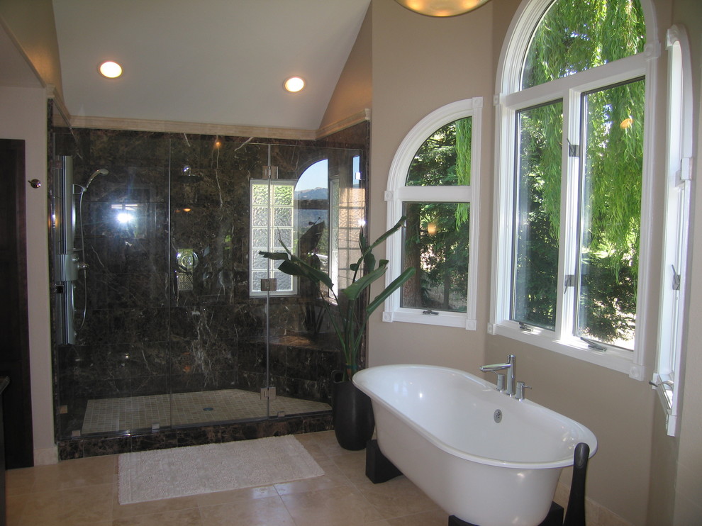 Example of a large trendy master travertine floor bathroom design in San Francisco with an undermount sink, shaker cabinets, dark wood cabinets, marble countertops and white walls
