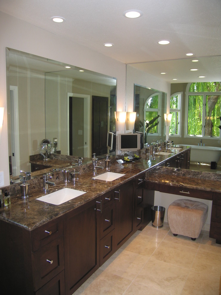 Large contemporary ensuite bathroom in San Francisco with shaker cabinets, dark wood cabinets, marble worktops, a freestanding bath, a submerged sink, a double shower, white walls and travertine flooring.