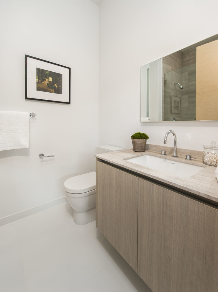 This is an example of a large modern shower room bathroom in Los Angeles with a submerged sink, open cabinets, white cabinets, marble worktops, a corner shower, a one-piece toilet, white tiles, ceramic tiles, white walls and light hardwood flooring.