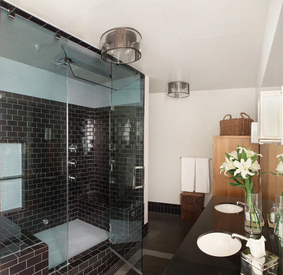 This is an example of a medium sized industrial ensuite bathroom in Los Angeles with a submerged sink, open cabinets, granite worktops, a double shower, black tiles, ceramic tiles, grey walls and ceramic flooring.