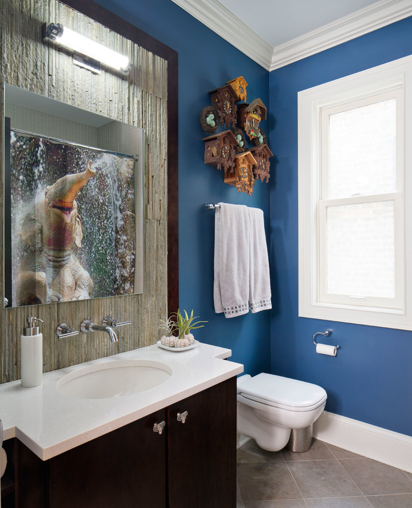 Bathroom - mid-sized transitional kids' stone tile and gray tile porcelain tile bathroom idea in Chicago with an undermount sink, flat-panel cabinets, dark wood cabinets, a wall-mount toilet and limestone countertops