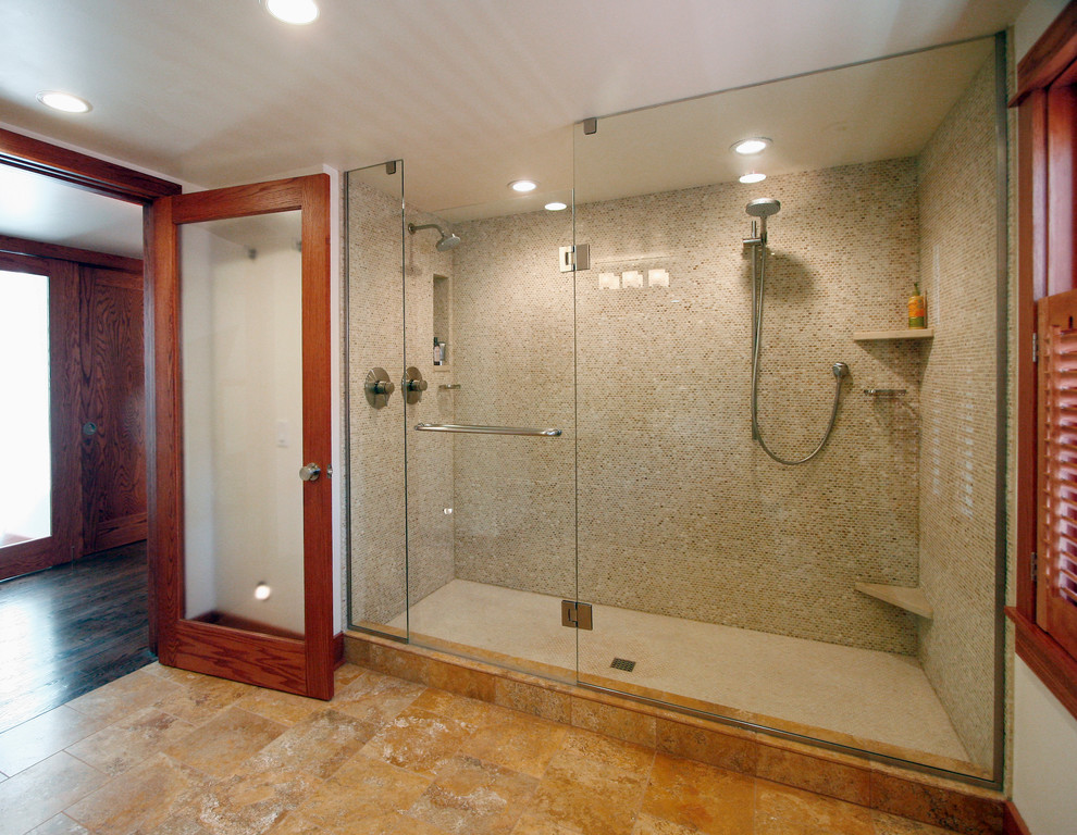 Large trendy master stone tile ceramic tile double shower photo in Chicago with a vessel sink, medium tone wood cabinets, quartz countertops, a two-piece toilet, white walls and flat-panel cabinets