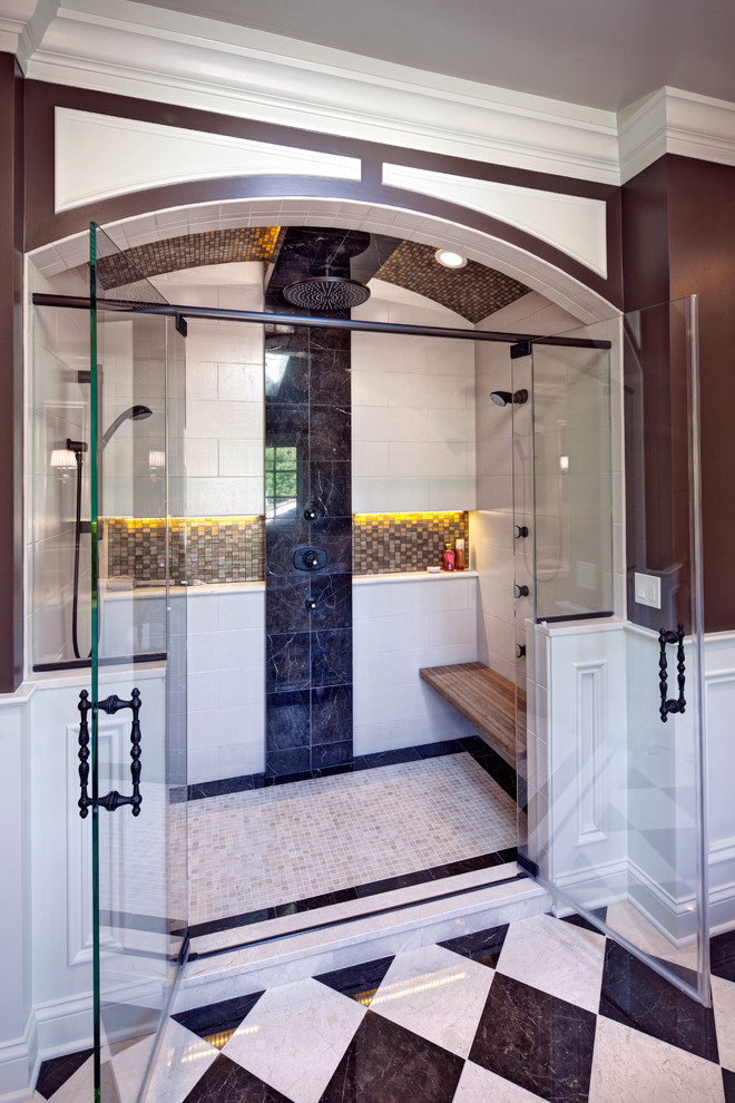 Inspiration for a traditional bathroom in Chicago with an alcove shower and stone tiles.
