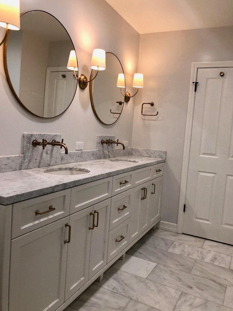 Design ideas for a large eclectic ensuite bathroom in Los Angeles with shaker cabinets, white cabinets, an alcove bath, a corner shower, white walls, a submerged sink, grey floors and a hinged door.
