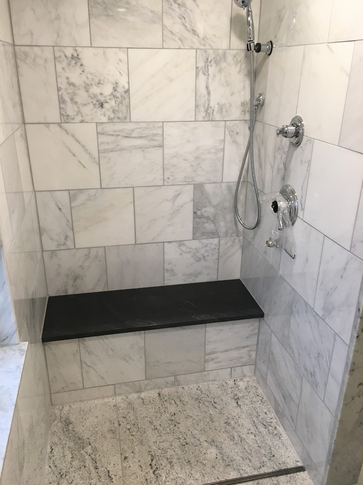 Inspiration for a classic ensuite bathroom in Other with shaker cabinets, medium wood cabinets, an alcove shower, grey tiles, white tiles, stone tiles, a submerged sink and soapstone worktops.