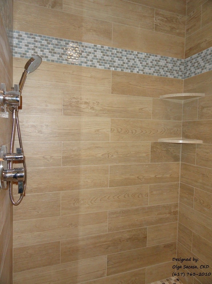 Alcove shower - large contemporary kids' porcelain tile and brown tile porcelain tile alcove shower idea in Boston with a two-piece toilet, a wall-mount sink and blue walls