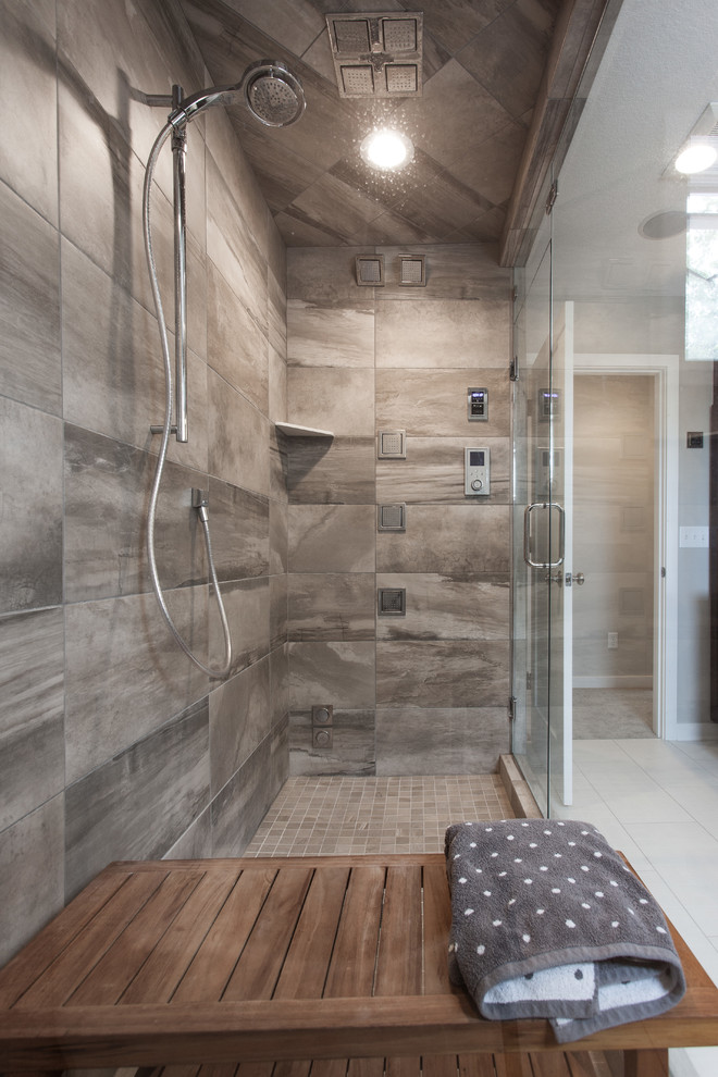 Design ideas for a large contemporary sauna bathroom in Minneapolis with a submerged sink, recessed-panel cabinets, dark wood cabinets, concrete worktops, a one-piece toilet, grey walls and ceramic flooring.