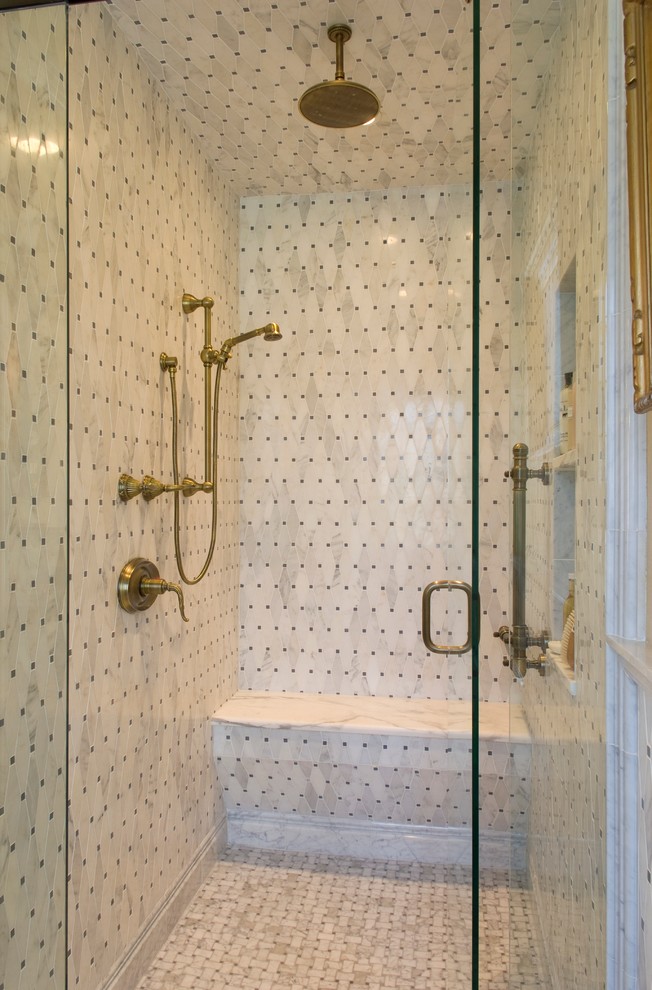 Alcove shower - large victorian master multicolored tile and porcelain tile ceramic tile alcove shower idea in Minneapolis with furniture-like cabinets, medium tone wood cabinets, a two-piece toilet, beige walls, an undermount sink and granite countertops