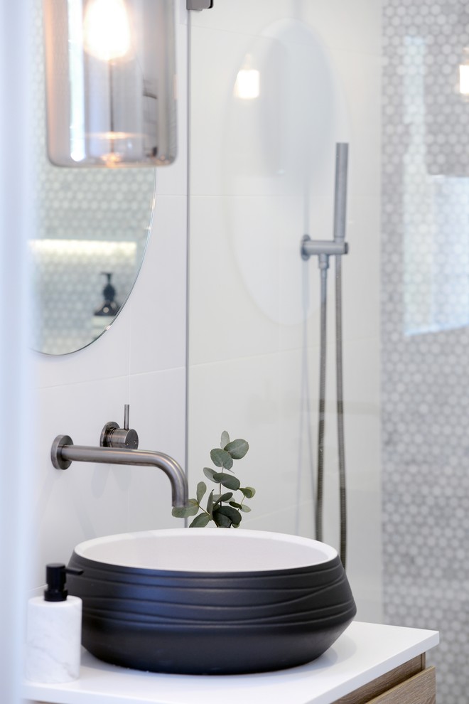 Bathroom - mid-sized contemporary white tile bathroom idea in Sydney