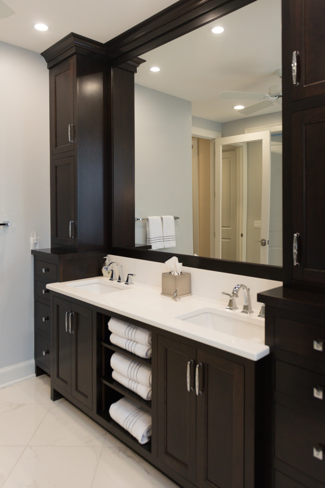 Inspiration for an expansive classic ensuite bathroom in Chicago with beaded cabinets, dark wood cabinets, a double shower, a one-piece toilet, white tiles, ceramic tiles, grey walls, ceramic flooring, a submerged sink and engineered stone worktops.