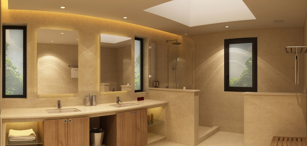 Esempio di una stanza da bagno padronale minimalista di medie dimensioni con lavabo da incasso, ante a filo, ante in legno chiaro, top in marmo, doccia aperta, WC a due pezzi, piastrelle nere, piastrelle in ceramica, pareti beige e pavimento in marmo